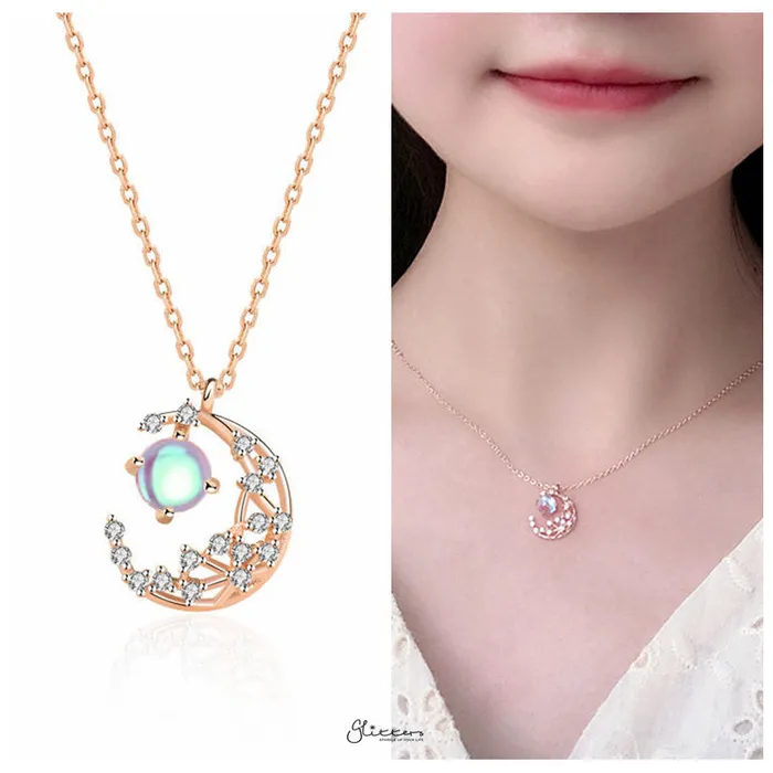 Glitters Necklaces Sterling Silver CZ Moon Necklace Rose Gold