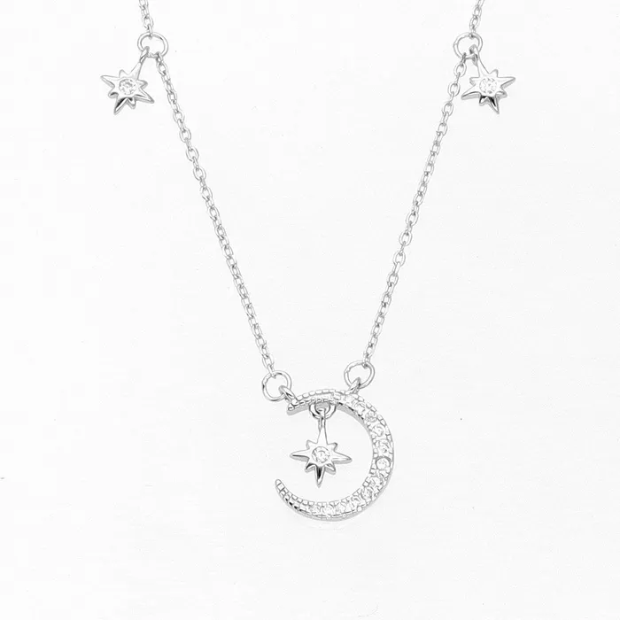 Glitters Necklaces Sterling Silver Crescent and Stars Necklace