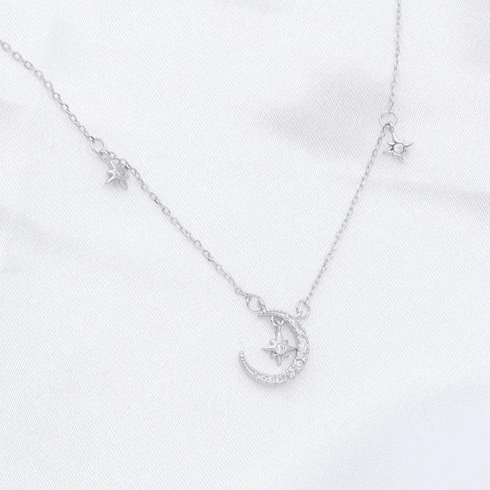 Glitters Necklaces Sterling Silver Crescent and Stars Necklace
