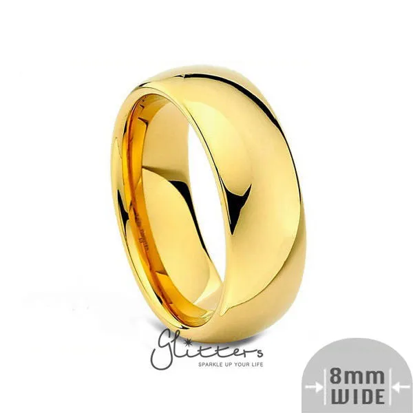 Glitters Rings 24K Gold Ion Plated over Stainless Steel 8mm Wide Glossy Mirror Polished Plain Band Ring Glitters Rings 24K Gold Ion Plated over Stainless Steel 8mm Wide Glossy Mirror Polished Plain Band Ring