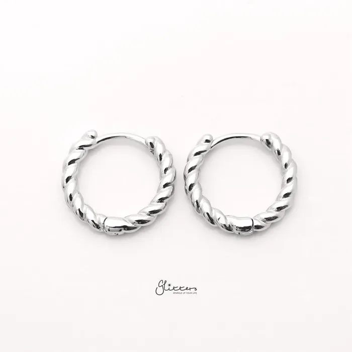 Glitters Sterling Silver Twist Rope OneTouch Huggie Hoop Earrings Silver Earrings
