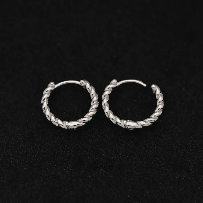 Glitters Sterling Silver Twist Rope OneTouch Huggie Hoop Earrings Silver Earrings