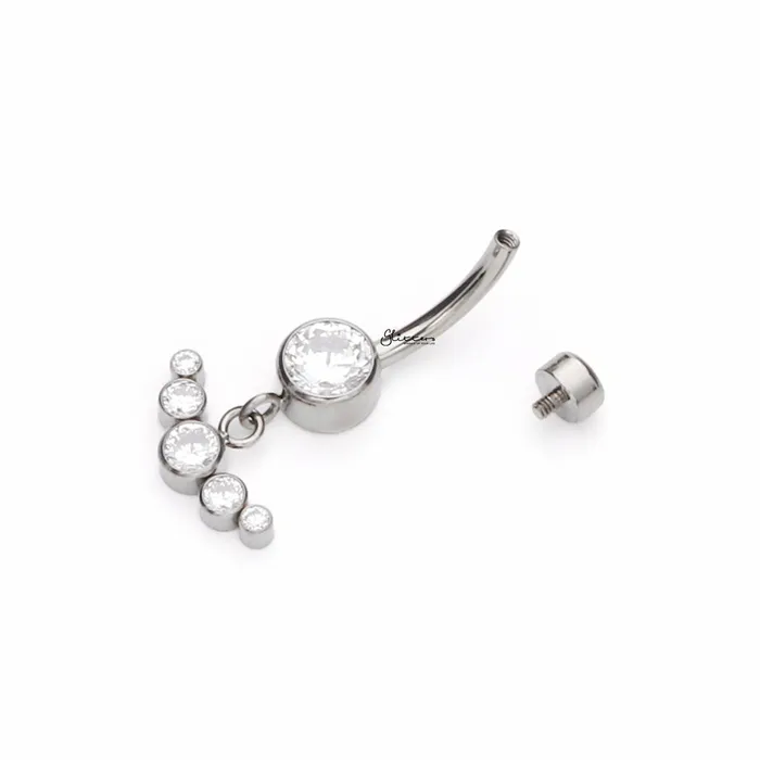 Glitters Titanium Double CZ With Dangle CZ Curved Line Belly Button Ring Rings