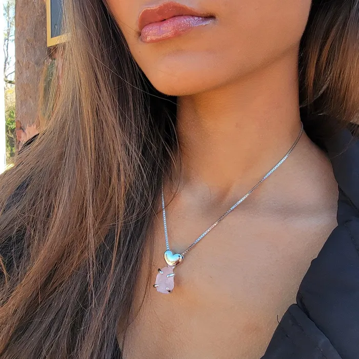Large Raw Rose Quartz Heart Necklace Uniquelan Jewelry Necklaces