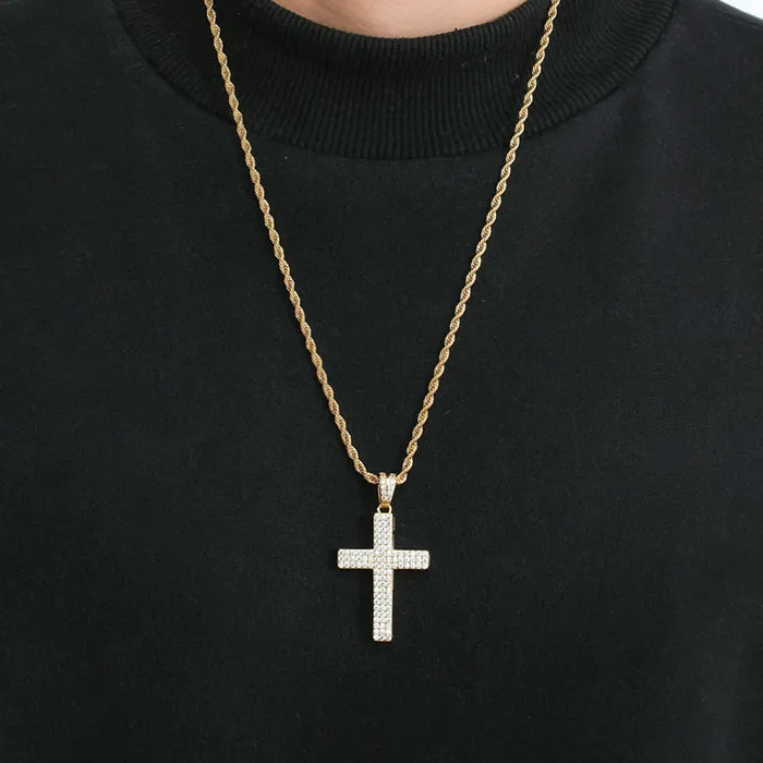 Necklaces Glitters Iced Out Micro CZ Pave Cross Pendant Gold