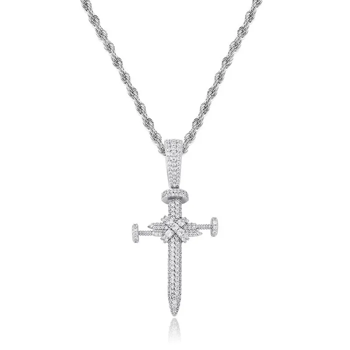 Necklaces Glitters Iced Out Nail Cross Pendant Silver