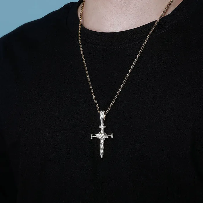 Necklaces Glitters Iced Out Nail Cross Pendant Silver