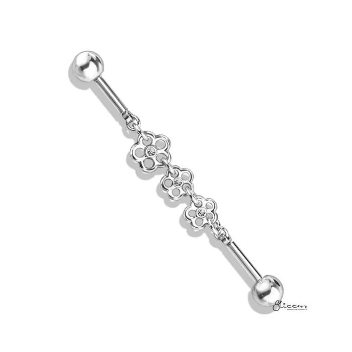 Necklaces Glitters Triple Crystal Center Flower Chain Industrial Barbell Silver Necklaces Glitters Triple Crystal Center Flower Chain Industrial Barbell Silver