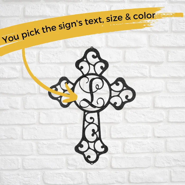Necklaces My Easy Monogram Personalized Cross with Initial Letter Custom Metal Sign Christian Metal Wall Art Christian Artwork