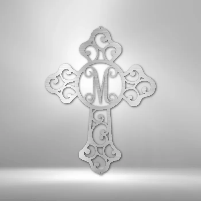Necklaces My Easy Monogram Personalized Cross with Initial Letter Custom Metal Sign Christian Metal Wall Art Christian Artwork