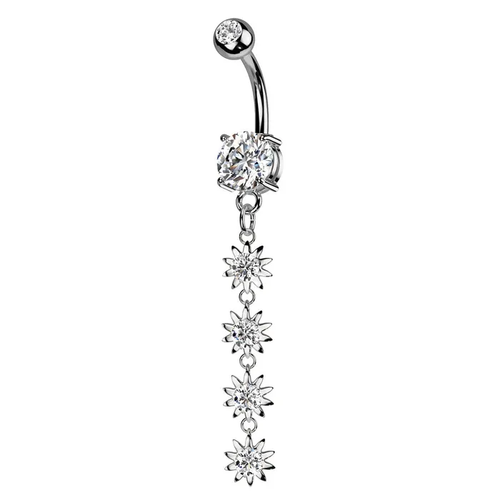 Rings Glitters 4 CZ Flower Vertical Dangle Belly Button Ring Silver