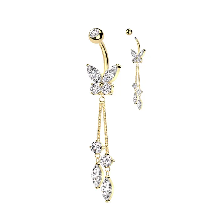 Rings Glitters CZ Butterfly with Dangle Marquise CZ Belly Button Navel Ring Gold Rings Glitters CZ Butterfly with Dangle Marquise CZ Belly Button Navel Ring Gold