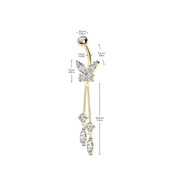 Rings Glitters CZ Butterfly with Dangle Marquise CZ Belly Button Navel Ring Gold