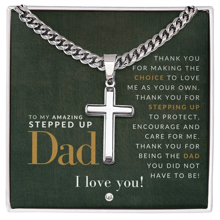 ShineOn Fulfillment Necklaces Gift For Your Step Dad Bonus Dad Gift Cuban Chain with Artisan Cross Necklace Christian Jewelry For Him For Fathers Day Christmas or His Birthday ShineOn Fulfillment Necklaces Gift For Your Step Dad Bonus Dad Gift Cuban Chain with Artisan Cross Necklace Christian Jewelry For Him For Fathers Day Christmas or His Birthday