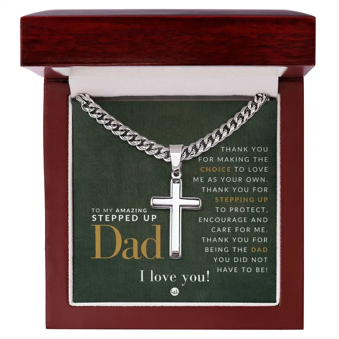 ShineOn Fulfillment Necklaces Gift For Your Step Dad Bonus Dad Gift Cuban Chain with Artisan Cross Necklace Christian Jewelry For Him For Fathers Day Christmas or His Birthday