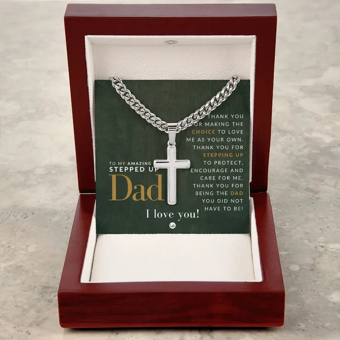 ShineOn Fulfillment Necklaces Gift For Your Step Dad Bonus Dad Gift Cuban Chain with Artisan Cross Necklace Christian Jewelry For Him For Fathers Day Christmas or His Birthday