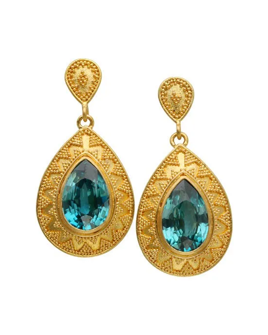 Smith and Bevill Jewelers Earrings Natural Blue Zircon and Granulated Gold Earrings