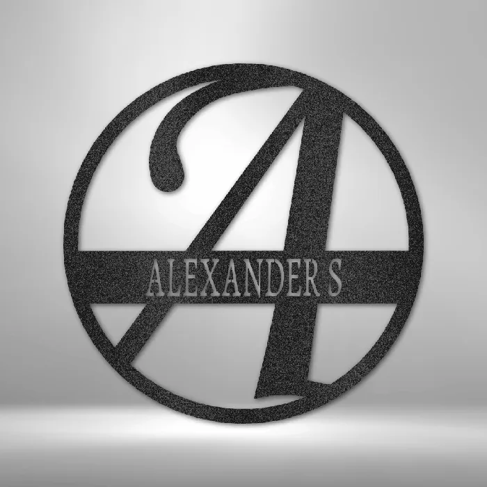 Split Circle with Bold Initial Letter Metal Sign Family Name Sign Initial Wall Decor Front Porch Name Sign My Easy Monogram Necklaces
