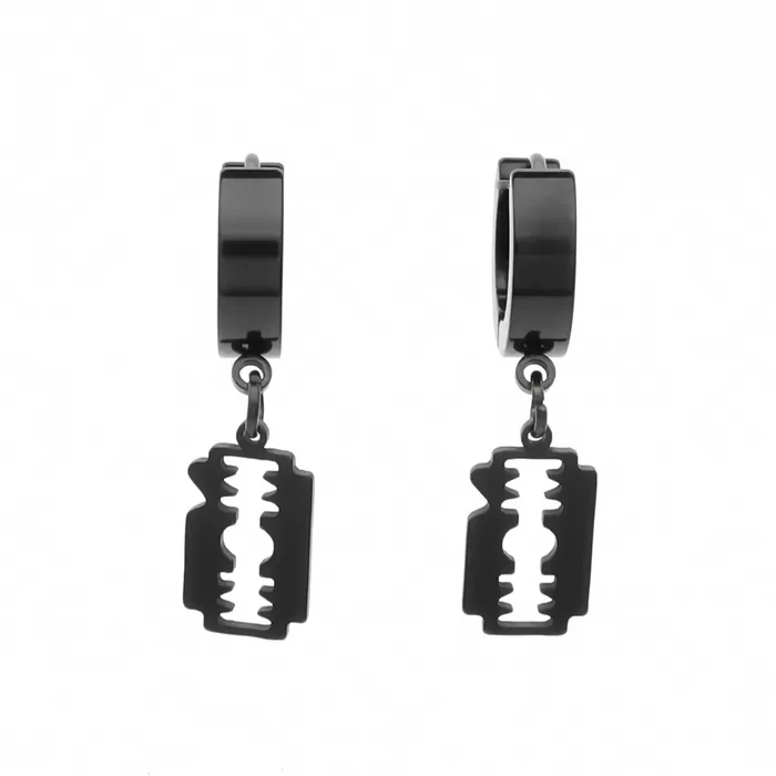 Stainless Steel Huggie Hoop Earrings with Razor Blade Charm Black Glitters Earrings Stainless Steel Huggie Hoop Earrings with Razor Blade Charm Black Glitters Earrings