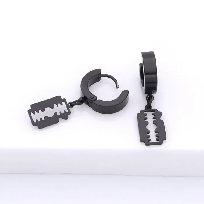 Stainless Steel Huggie Hoop Earrings with Razor Blade Charm Black Glitters Earrings