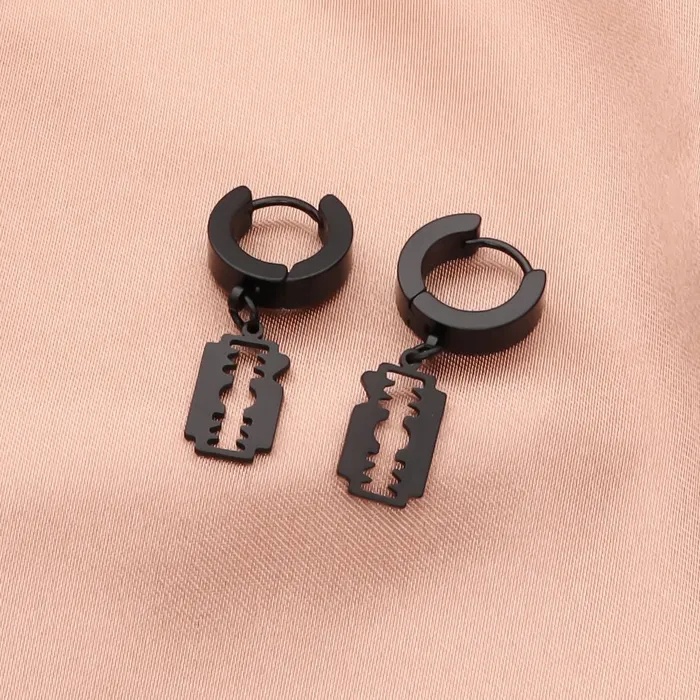 Stainless Steel Huggie Hoop Earrings with Razor Blade Charm Black Glitters Earrings