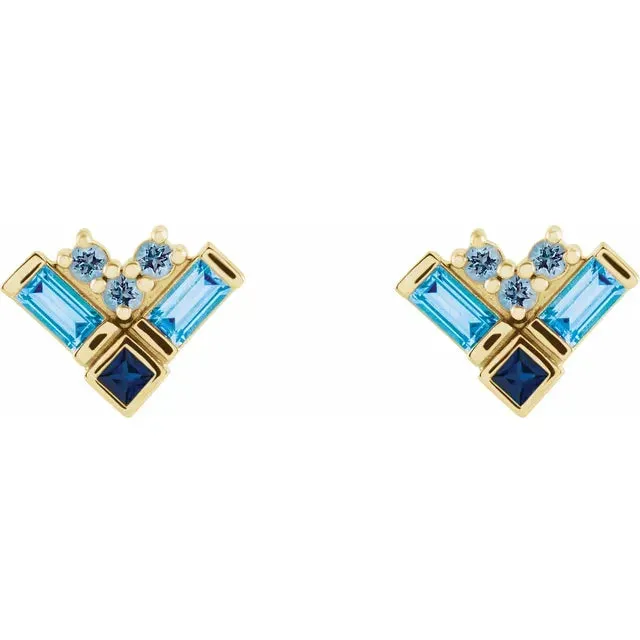Storyteller by Vintage Magnality Blue MultiGemstone Natural Aquamarine Sapphire Topaz Stud Cluster Earrings Solid 14K White Yellow Rose Gold Earrings