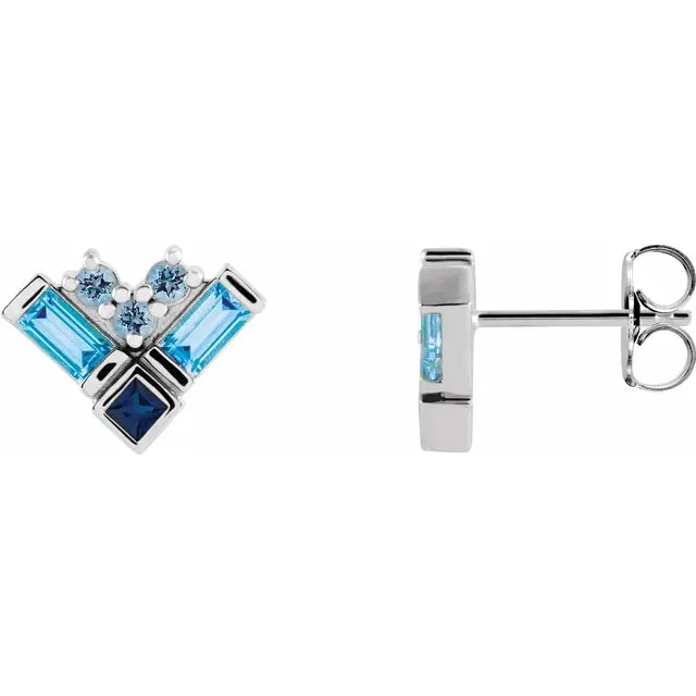 Storyteller by Vintage Magnality Blue MultiGemstone Natural Aquamarine Sapphire Topaz Stud Cluster Earrings Solid 14K White Yellow Rose Gold Earrings
