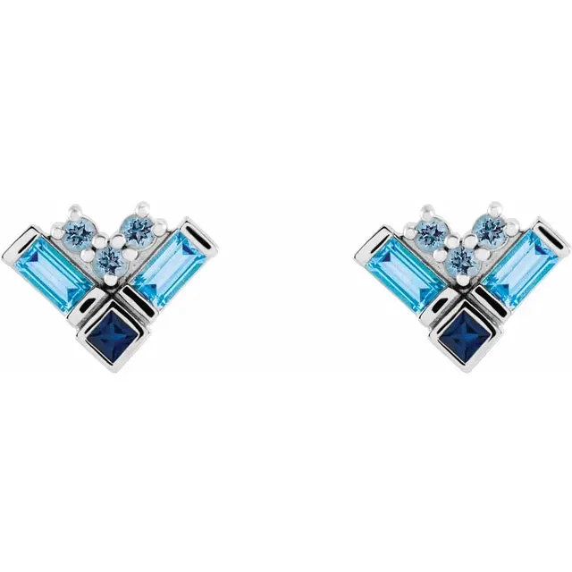 Storyteller by Vintage Magnality Blue MultiGemstone Natural Aquamarine Sapphire Topaz Stud Cluster Earrings Solid 14K White Yellow Rose Gold Earrings
