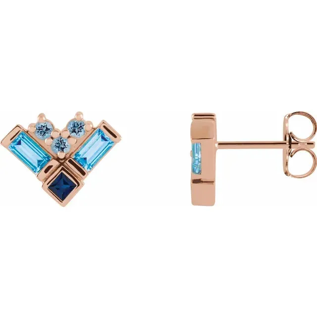 Storyteller by Vintage Magnality Blue MultiGemstone Natural Aquamarine Sapphire Topaz Stud Cluster Earrings Solid 14K White Yellow Rose Gold Earrings