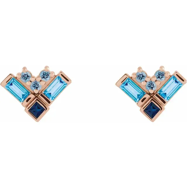 Storyteller by Vintage Magnality Blue MultiGemstone Natural Aquamarine Sapphire Topaz Stud Cluster Earrings Solid 14K White Yellow Rose Gold Earrings