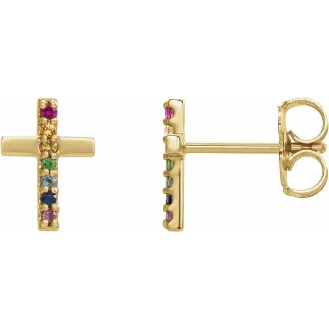Storyteller by Vintage Magnality Earrings Natural Diamond or Rainbow MultiGemstone Cross Stud Earrings Solid 14K White Yellow Rose Gold