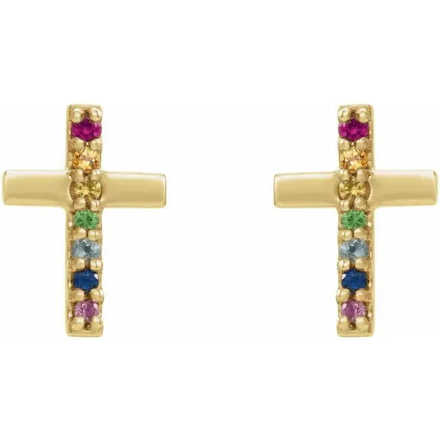 Storyteller by Vintage Magnality Earrings Natural Diamond or Rainbow MultiGemstone Cross Stud Earrings Solid 14K White Yellow Rose Gold