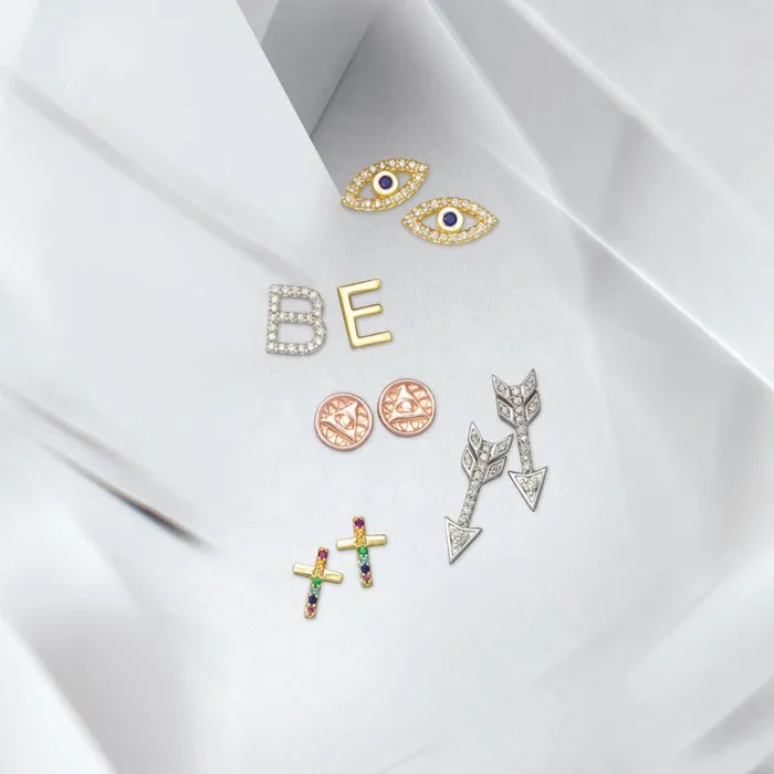 Storyteller by Vintage Magnality Earrings Natural Diamond or Rainbow MultiGemstone Cross Stud Earrings Solid 14K White Yellow Rose Gold