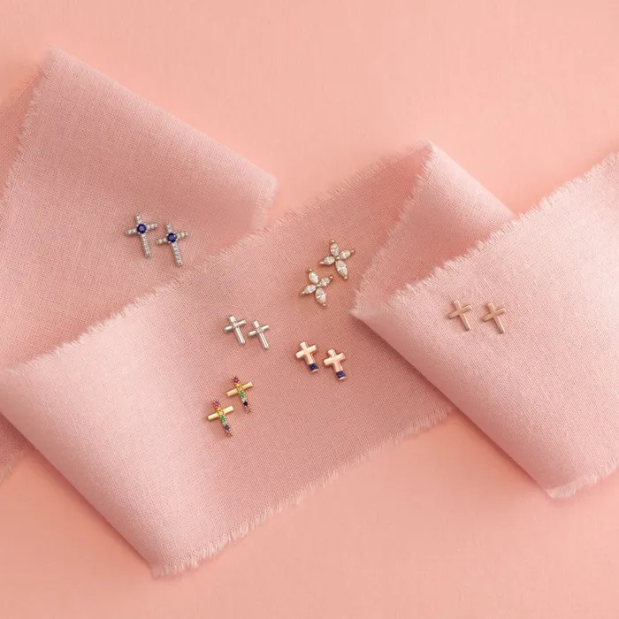 Storyteller by Vintage Magnality Earrings Natural Diamond or Rainbow MultiGemstone Cross Stud Earrings Solid 14K White Yellow Rose Gold