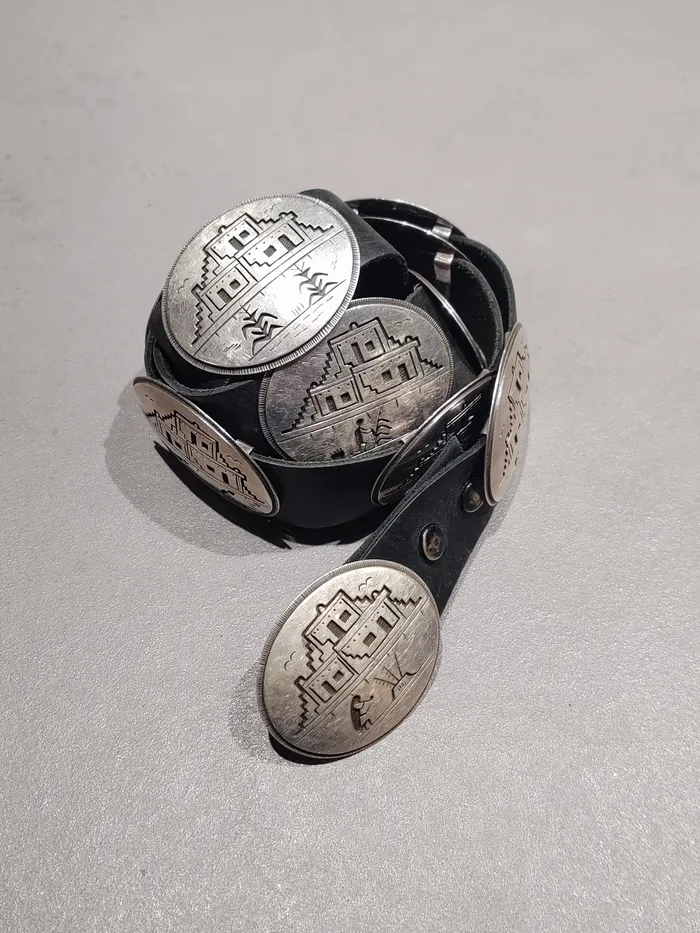 Storyteller Overlay Sterling Silver Concho Belt Handmade Native American Crown Jewels Coin Rings Storyteller Overlay Sterling Silver Concho Belt Handmade Native American Crown Jewels Coin Rings
