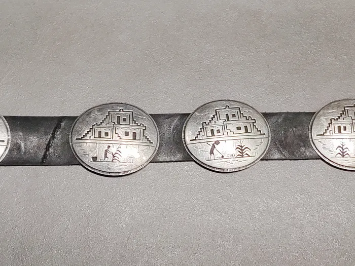 Storyteller Overlay Sterling Silver Concho Belt Handmade Native American Crown Jewels Coin Rings