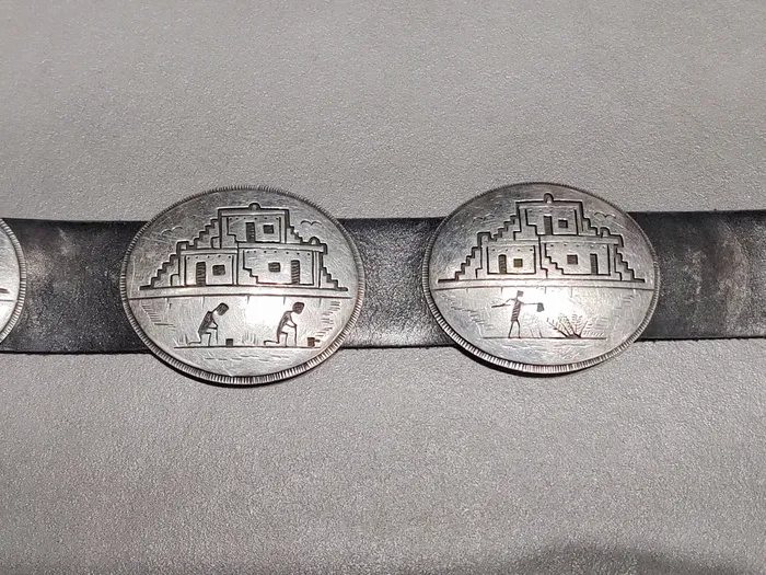 Storyteller Overlay Sterling Silver Concho Belt Handmade Native American Crown Jewels Coin Rings
