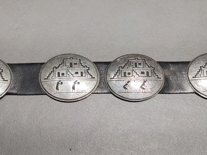 Storyteller Overlay Sterling Silver Concho Belt Handmade Native American Crown Jewels Coin Rings