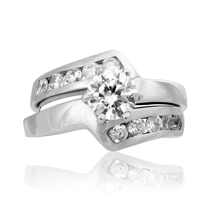 Teeda RSZ2156 Z Wave Channel Set CZ Engagement Wedding Ring Set Rings