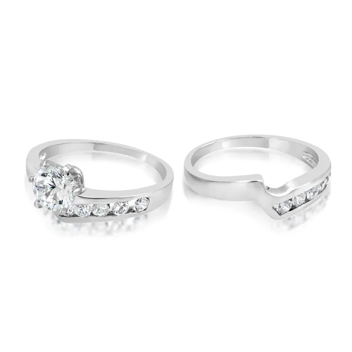 Teeda RSZ2156 Z Wave Channel Set CZ Engagement Wedding Ring Set Rings