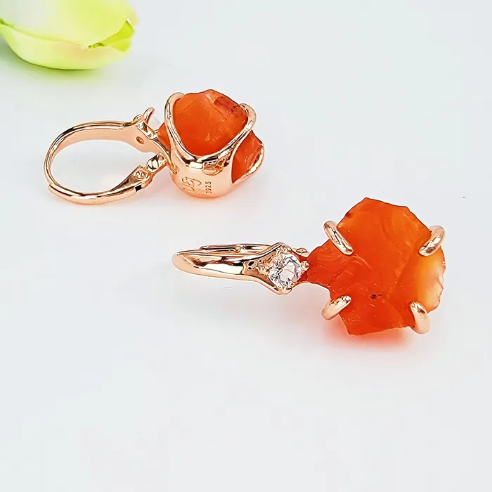 Uniquelan Jewelry Earrings Raw Carnelian Necklace and Drop Earrings Set